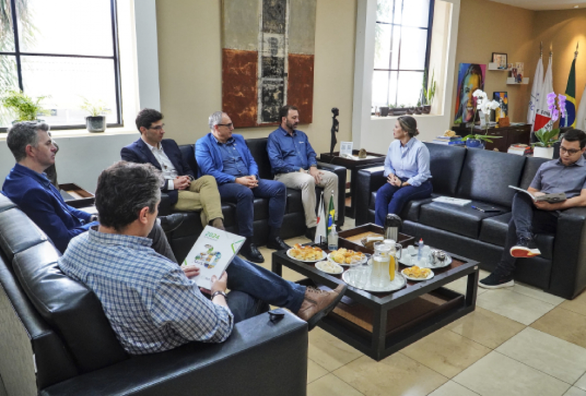 Reunião formal em ambiente institucional com oito pessoas discutindo documentos e servidos com café da manhã.
