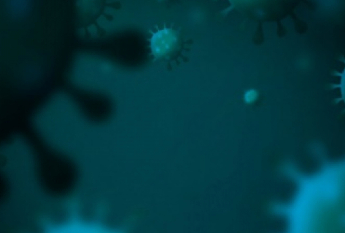 Imagem ilustrativa de vírus em fundo escuro, representando contaminação ou temática microbiológica.