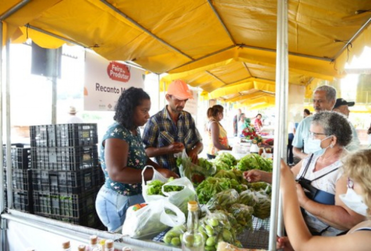 Feirantes atendem clientes em barraca de feira, oferecendo produtos agrícolas frescos, como verduras e legumes.