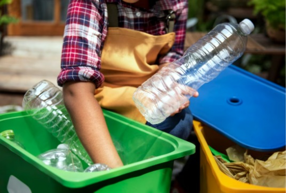Pessoa separando garrafas plásticas para reciclagem em recipientes coloridos.