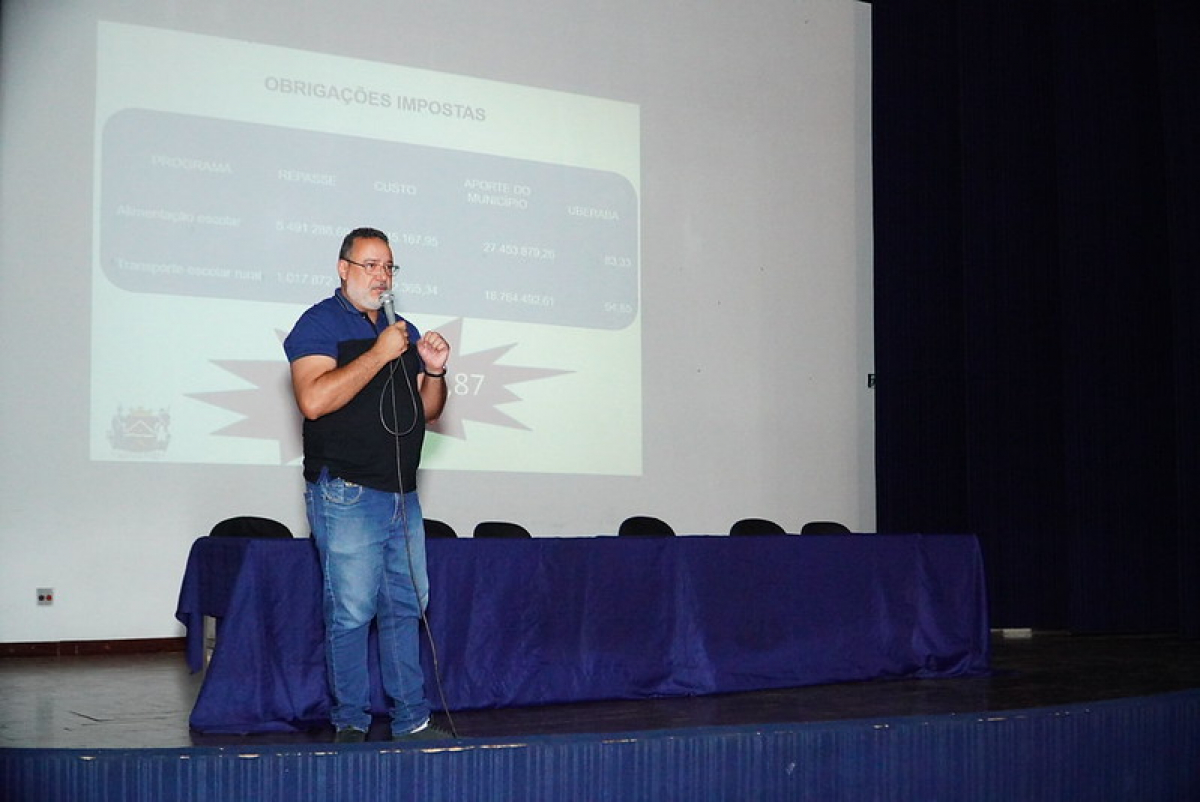 Homem fala ao microfone em um palco, diante de uma tela com apresentação sobre obrigações impostas e uma mesa coberta ao fundo.