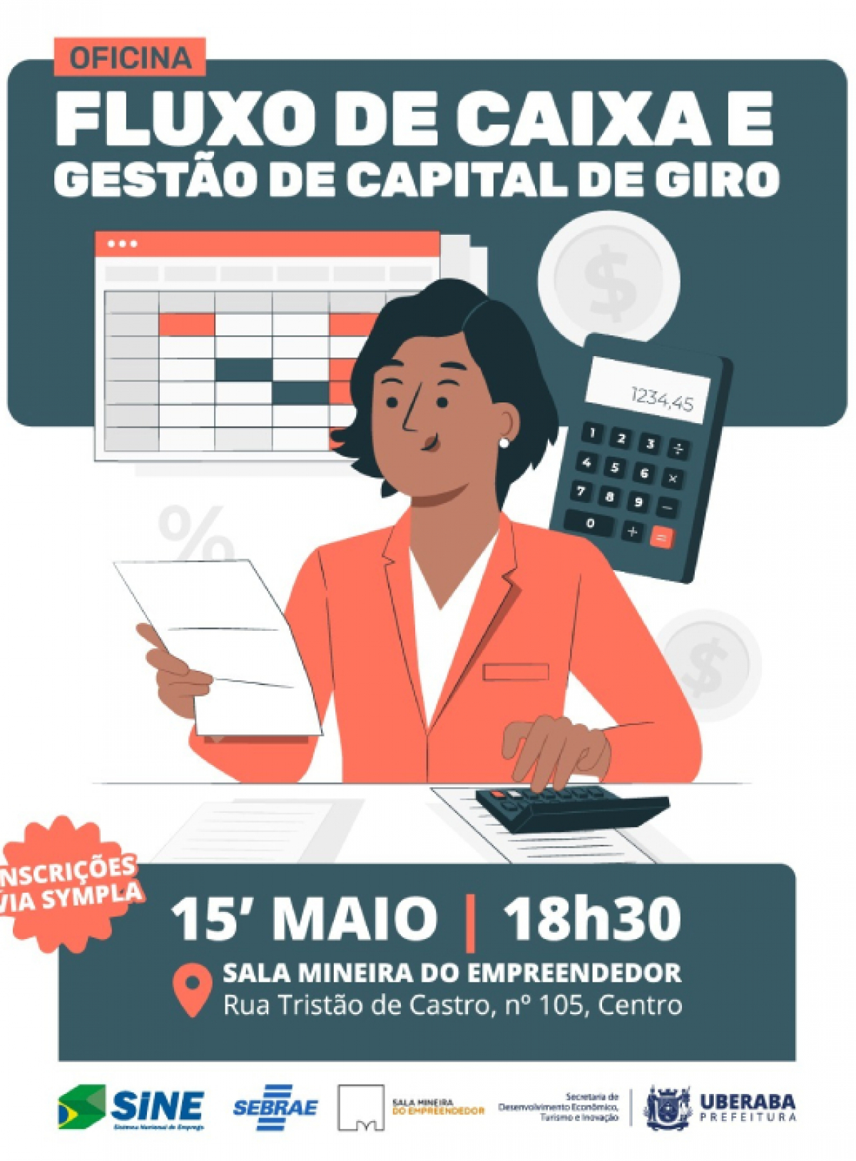 A imagem é um cartaz de divulgação de uma oficina gratuita sobre fluxo de caixa e gestão de capital de giro.