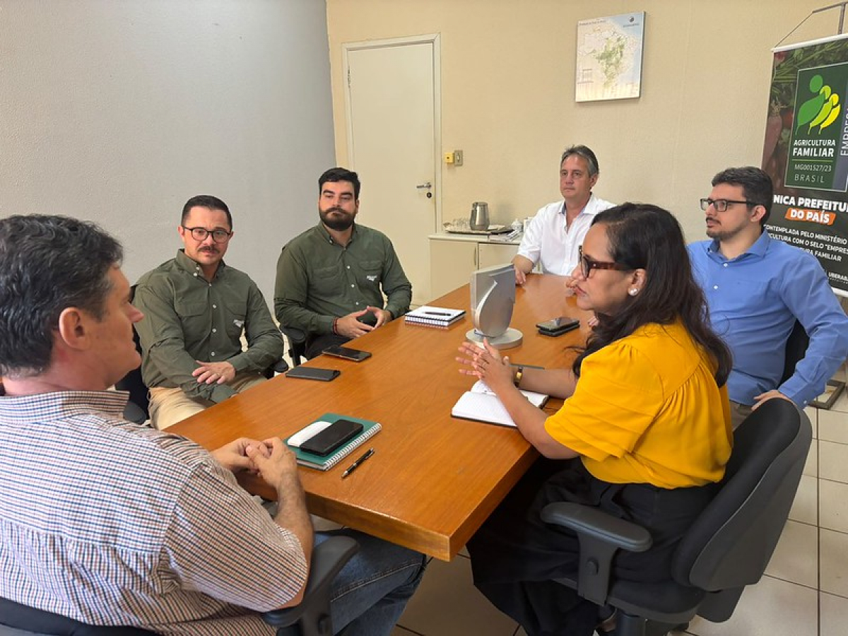 Seis pessoas participam de uma reunião em torno de uma mesa, discutindo assuntos relacionados à agricultura familiar.