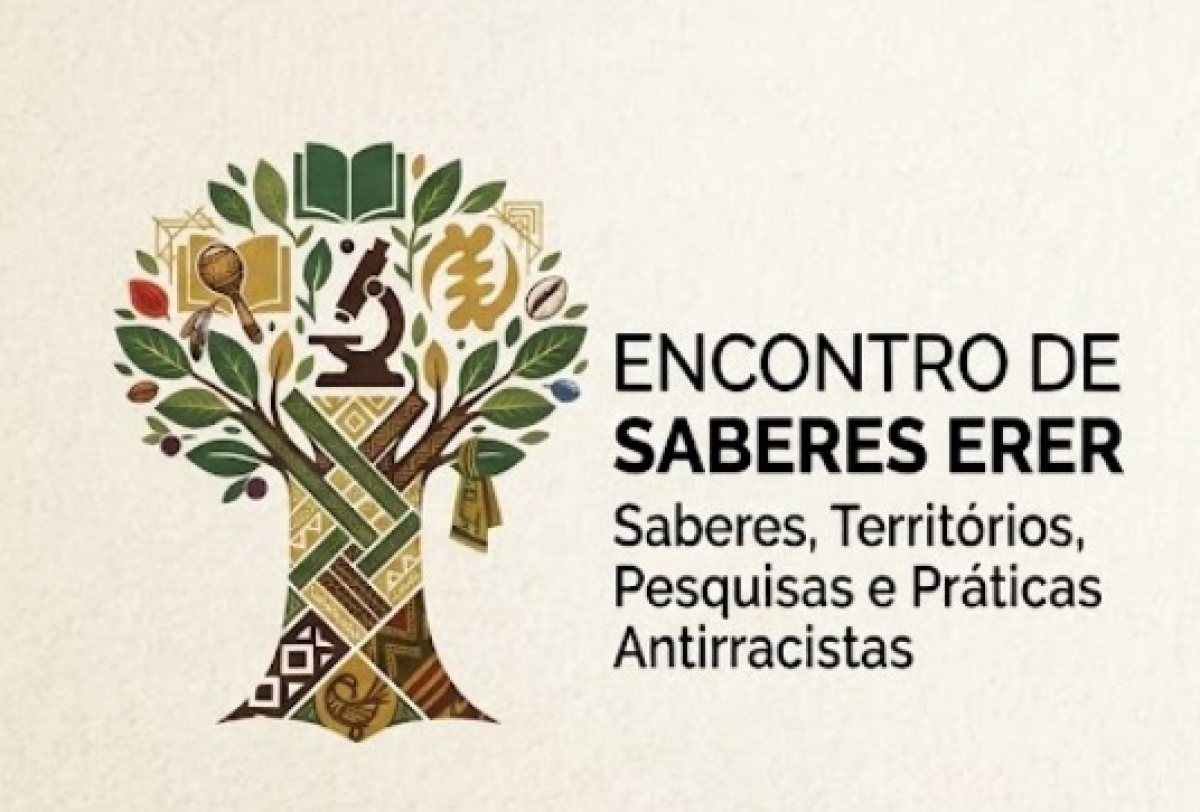 Cartaz do Encontro de Saberes ERER, com ilustração de uma árvore simbólica e o tema Saberes, Territórios, Pesquisas e Práticas Antirracistas.