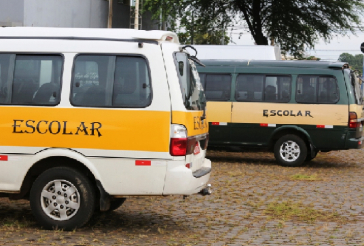 A imagem mostra duas vans escolares estacionados, um branco com uma faixa amarela e o outro verde com uma faixa amarela. A palavra ESCOLAR está escrita nas laterais. 