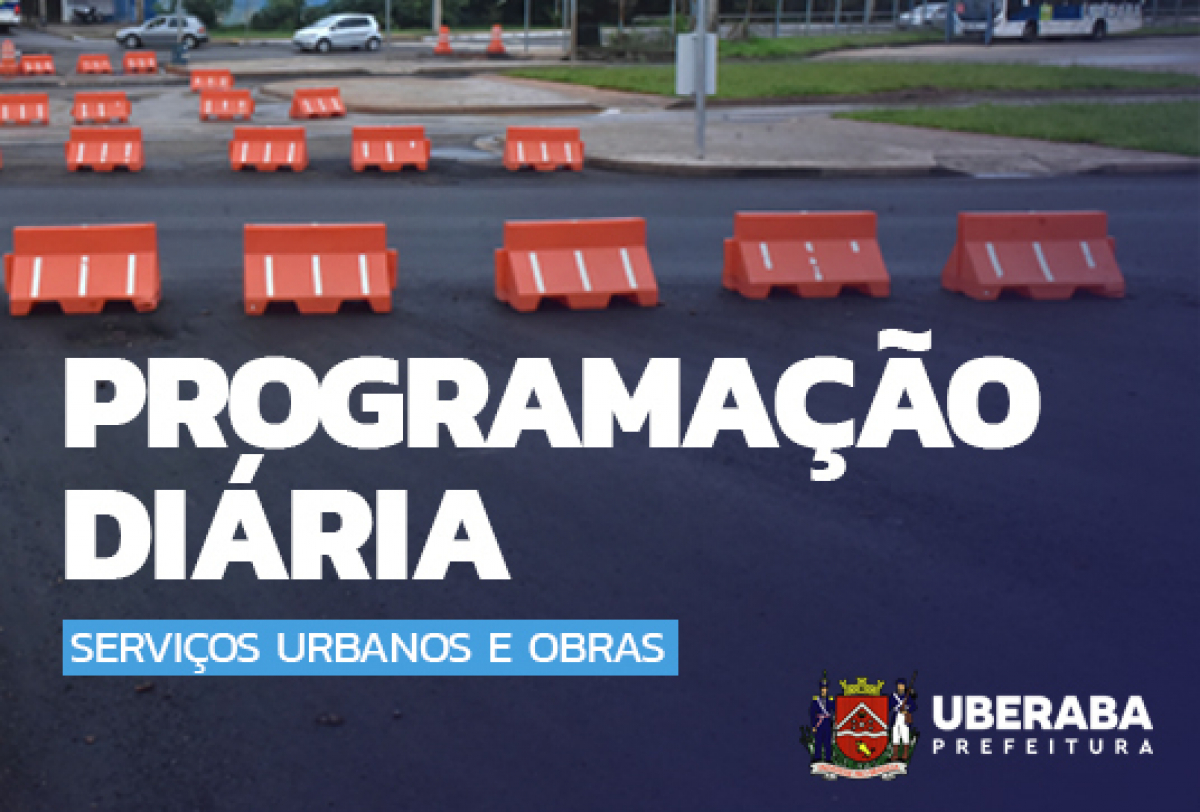 Aviso da Prefeitura de Uberaba sobre serviços urbanos e obras, com imagem de barreiras de trânsito.