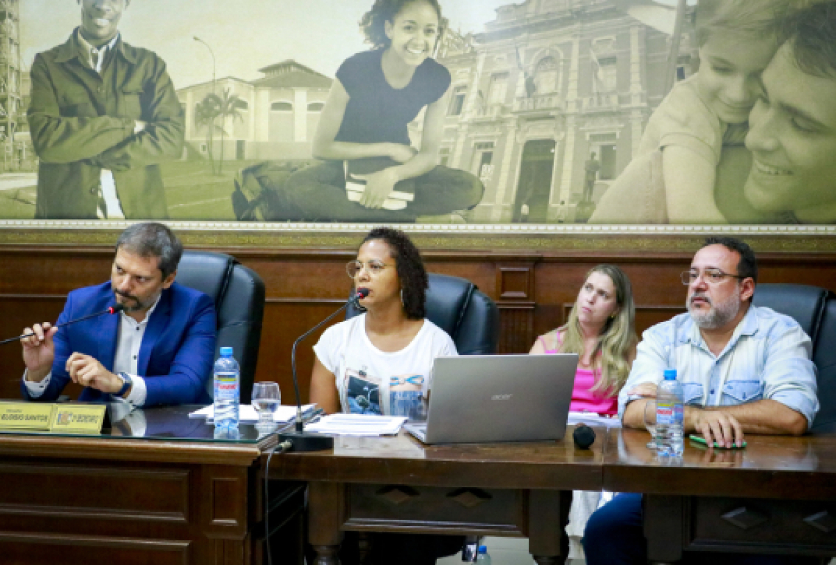 Mesa composta por participantes em uma reunião ou audiência pública, com um painel ilustrado ao fundo.