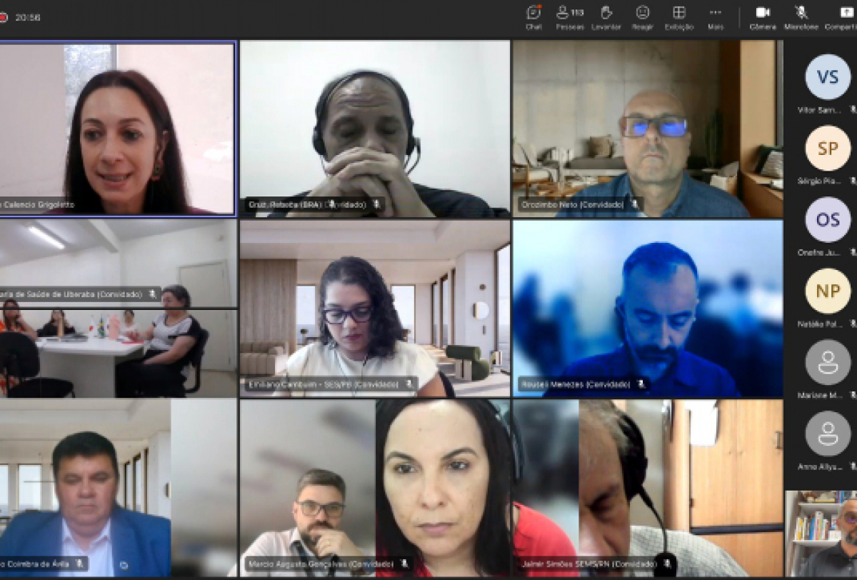 Reunião virtual com participantes interagindo por videochamada.