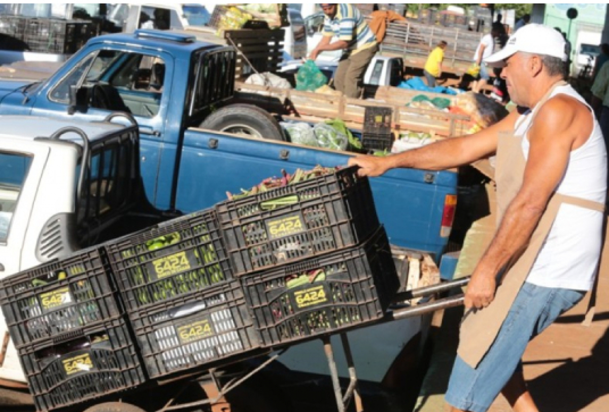 Trabalhador transporta caixas de hortaliças em carrinho de mão em central de abastecimento.