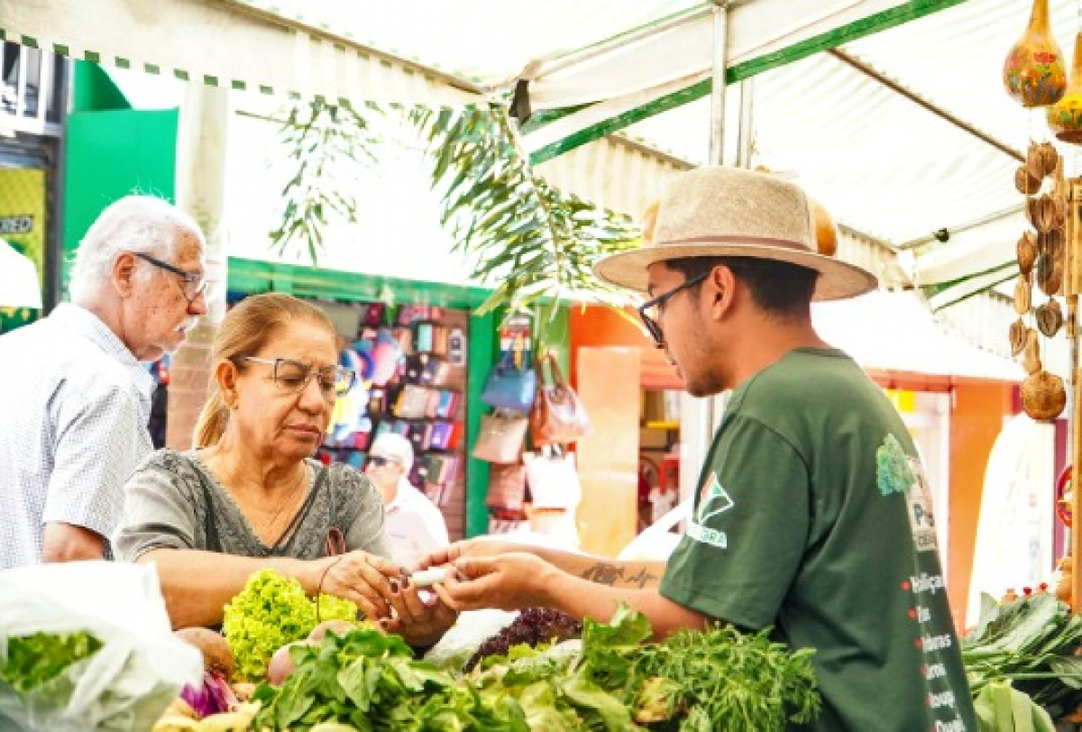 Cena de mercado que mostra comunidade, comércio local e interação social.