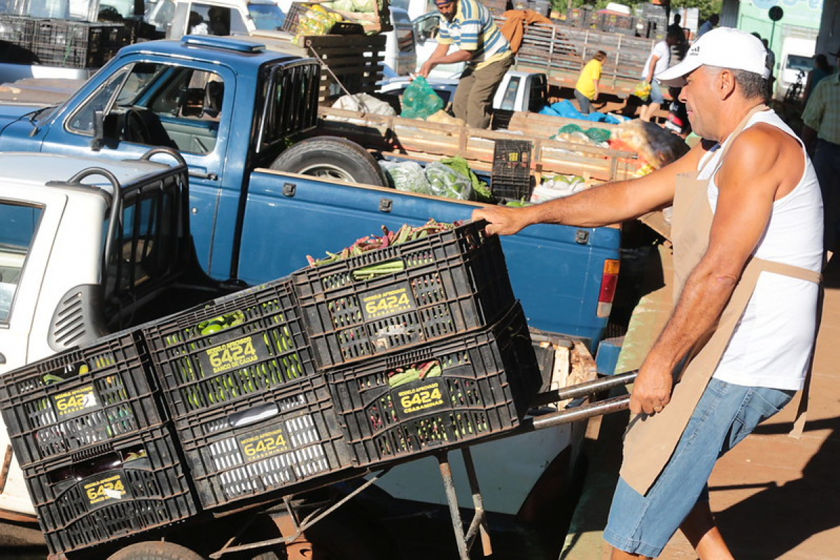Trabalhador transporta caixas de hortaliças em carrinho de mão em central de abastecimento.