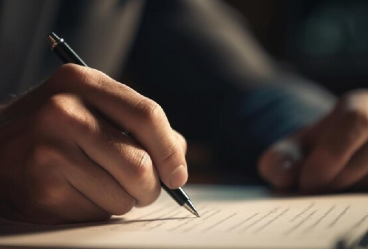 Pessoa assinando um documento formal, possivelmente relacionado a assuntos profissionais ou legais.