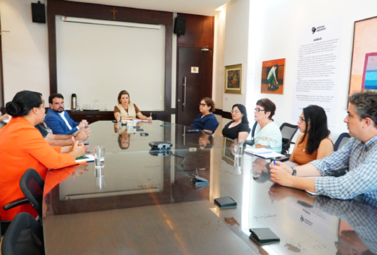 A imagem mostra uma reunião com várias pessoas sentadas ao redor de uma mesa de conferência.