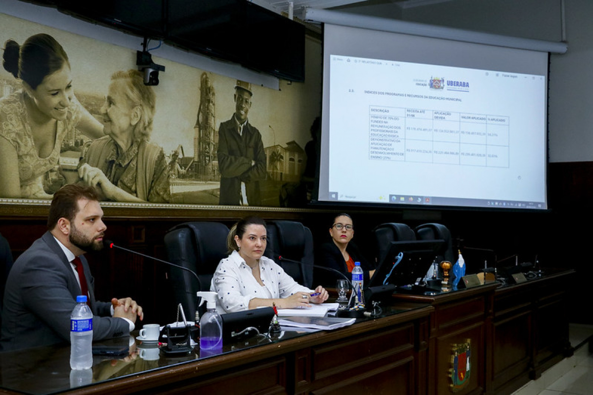 A imagem mostra uma sessão ou reunião realizada em um plenário ou sala institucional.