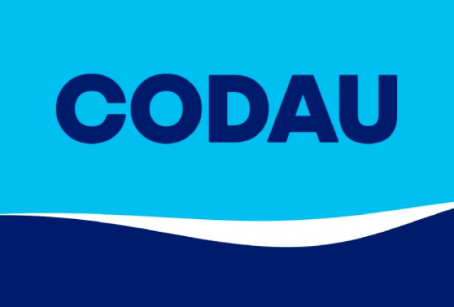 O logotipo tem o texto CODAU em letras azuis-escuras sobre um fundo azul dividido por uma forma ondulada branca.